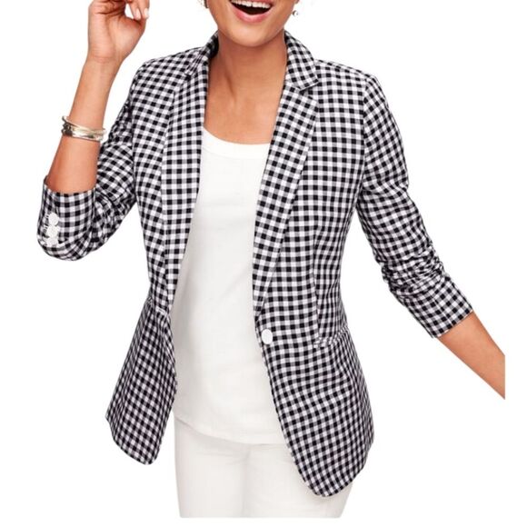 Talbots Linen Blend Preppy Minimal Gingham Blazer Size 12 Petite Black/White NWT - Picture 3 of 15